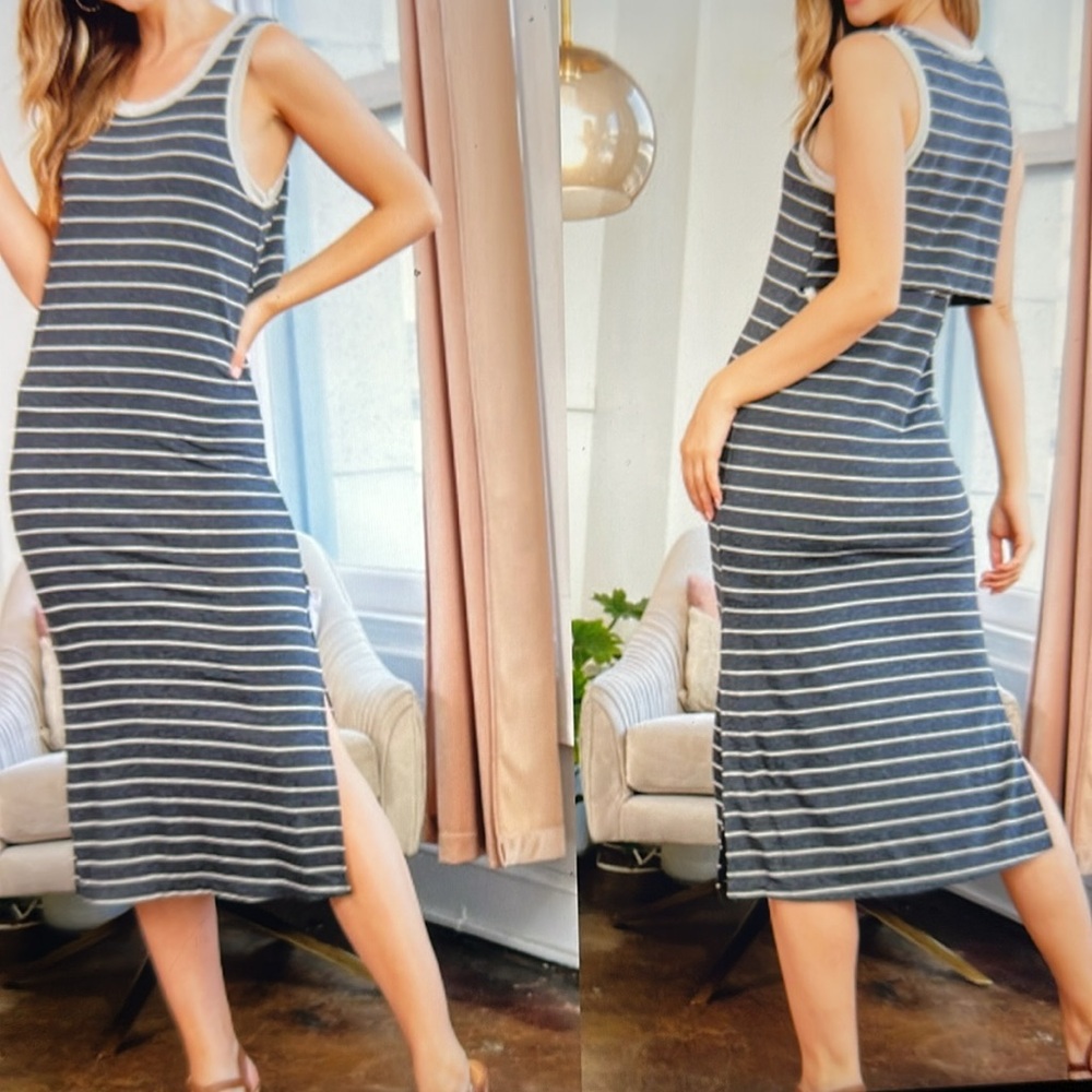 Gilli Gray and Black/Dark Gray Striped Midi Tank Dress